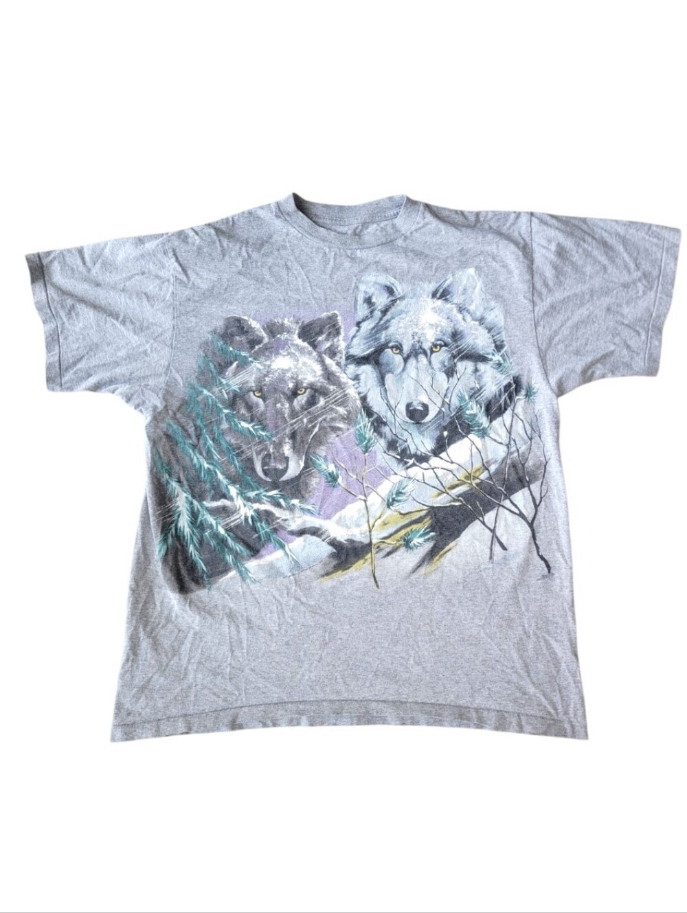Vintage 1993 Harlequin Nature Graphics Wolf T Shirt Mens Large XL Gray AOP USA